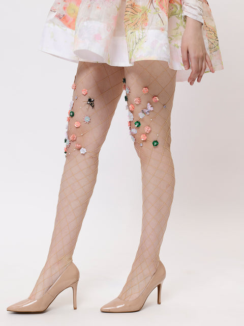 Mesh Handmade Flowers Pantyhose Stockings