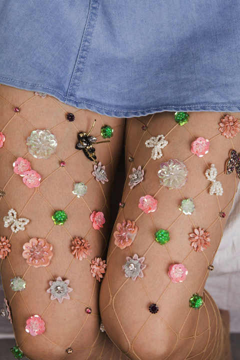Mesh Handmade Flowers Pantyhose Stockings