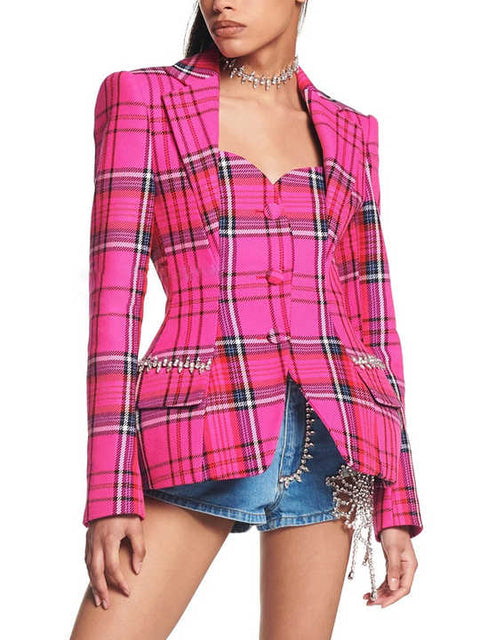 Pink Plaid Backless Blazer