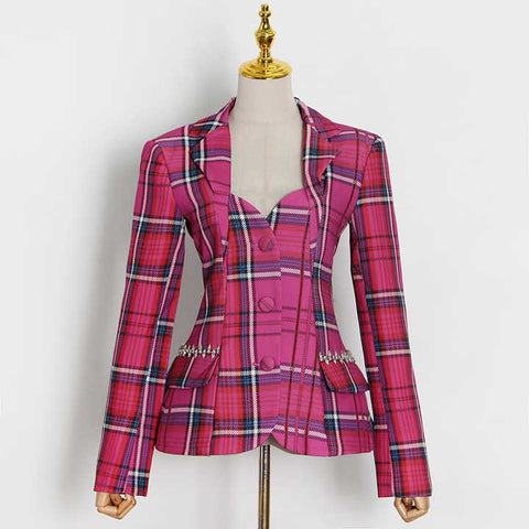 Pink Plaid Backless Blazer