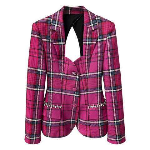 Pink Plaid Backless Blazer