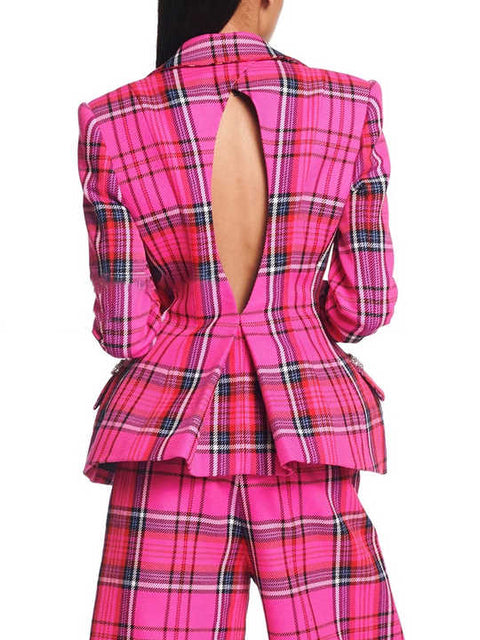 Pink Plaid Backless Blazer
