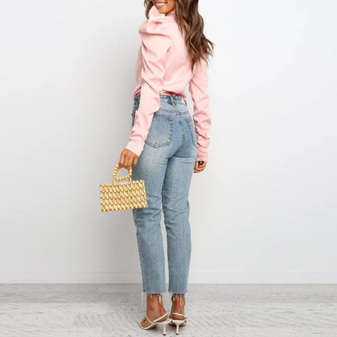 Solid Puff Sleeve Tied Neck Blouse Top