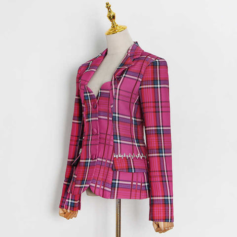Pink Plaid Backless Blazer