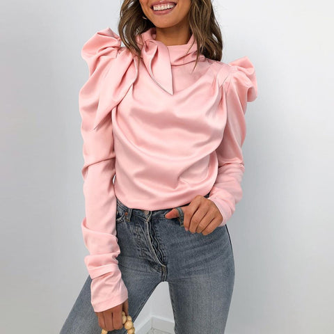 Solid Puff Sleeve Tied Neck Blouse Top