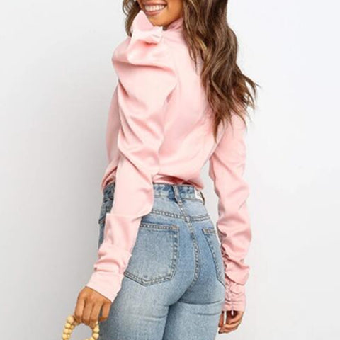 Solid Puff Sleeve Tied Neck Blouse Top